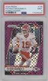 Patrick Mahomes II from the 2024 Panini Prizm set featuring a Purple Power Prizm parallel graded by PSA and given an overall grade of 9.