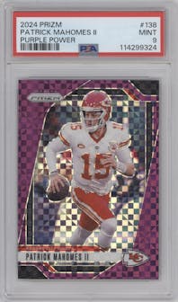 Patrick Mahomes II from the 2024 Panini Prizm set featuring a Purple Power Prizm parallel graded by PSA and given an overall grade of 9.