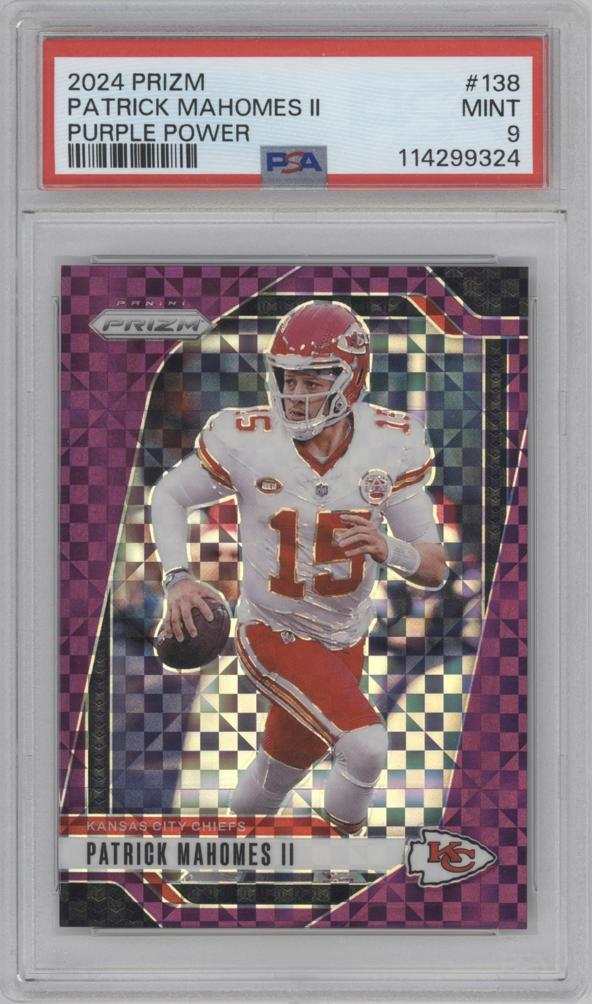 Patrick Mahomes II from the 2024 Panini Prizm set featuring a Purple Power Prizm parallel graded by PSA and given an overall grade of 9.