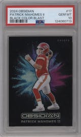 Patrick Mahomes II from the 2024 Panini Obsidian set graded by PSA and given an overall grade of 10.