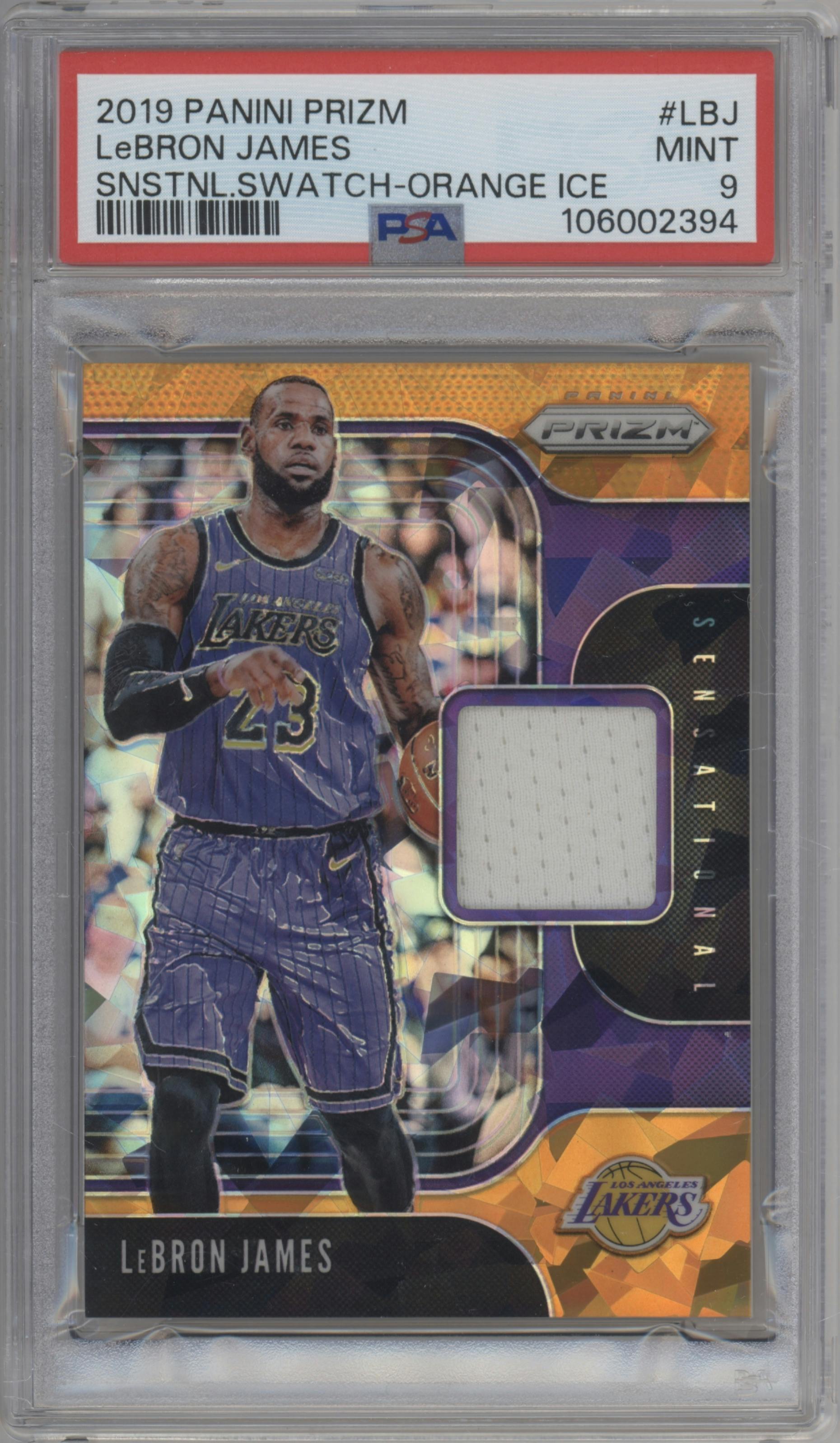 LeBron James from the 2019-20 Panini Prizm set featuring a Orange Ice parallel graded by PSA and given an overall grade of 9.