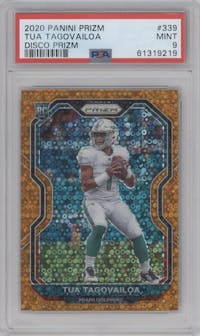 Tua Tagovailoa from the 2020 Panini Prizm set featuring a Disco parallel graded by PSA and given an overall grade of 9.