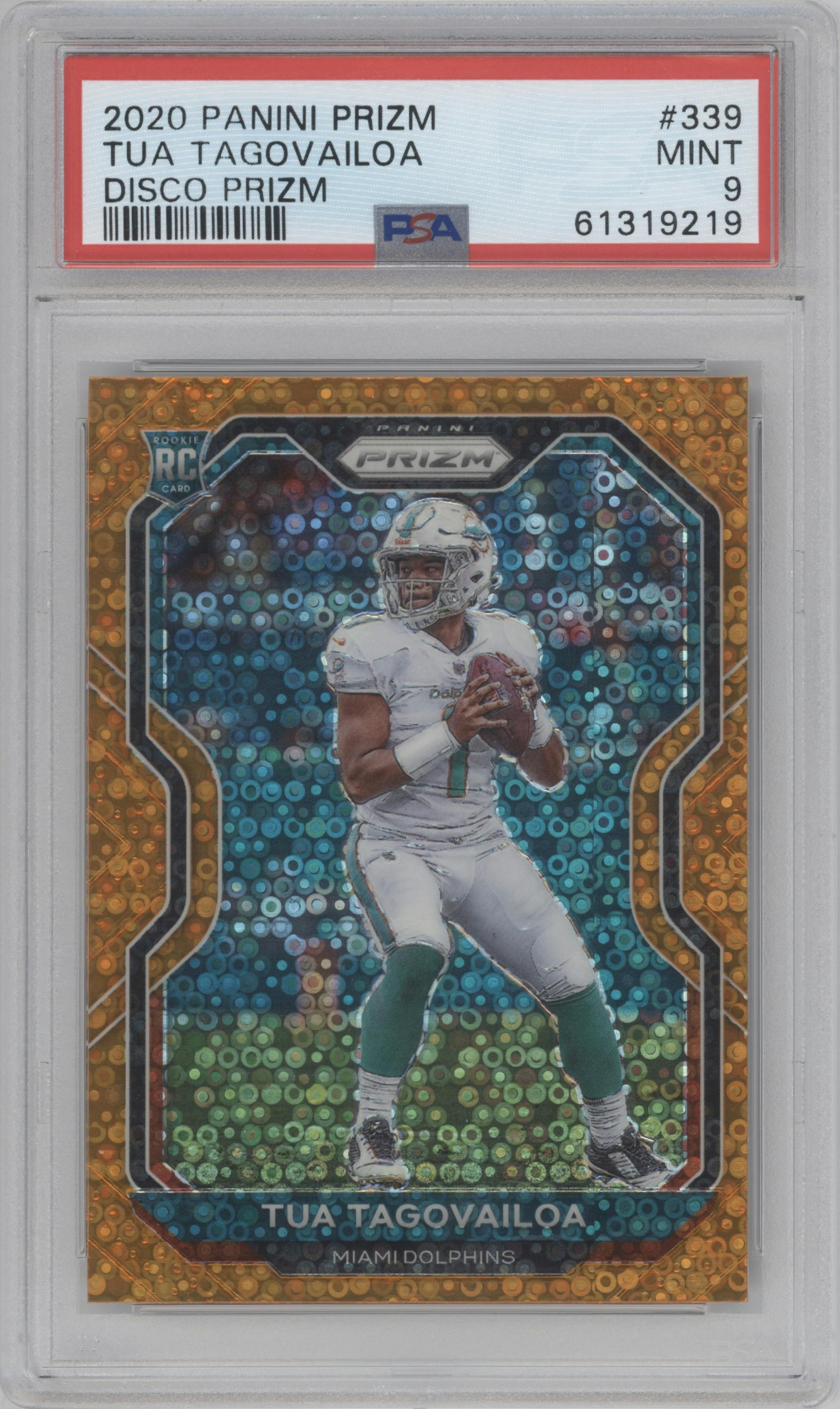 Tua Tagovailoa from the 2020 Panini Prizm set featuring a Disco parallel graded by PSA and given an overall grade of 9.