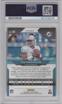 Tua Tagovailoa from the 2020 Panini Prizm set featuring a Disco parallel graded by PSA and given an overall grade of 9.