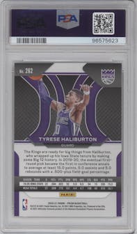 Tyrese Haliburton from the 2020-21 Panini Prizm set graded by PSA and given an overall grade of 10.