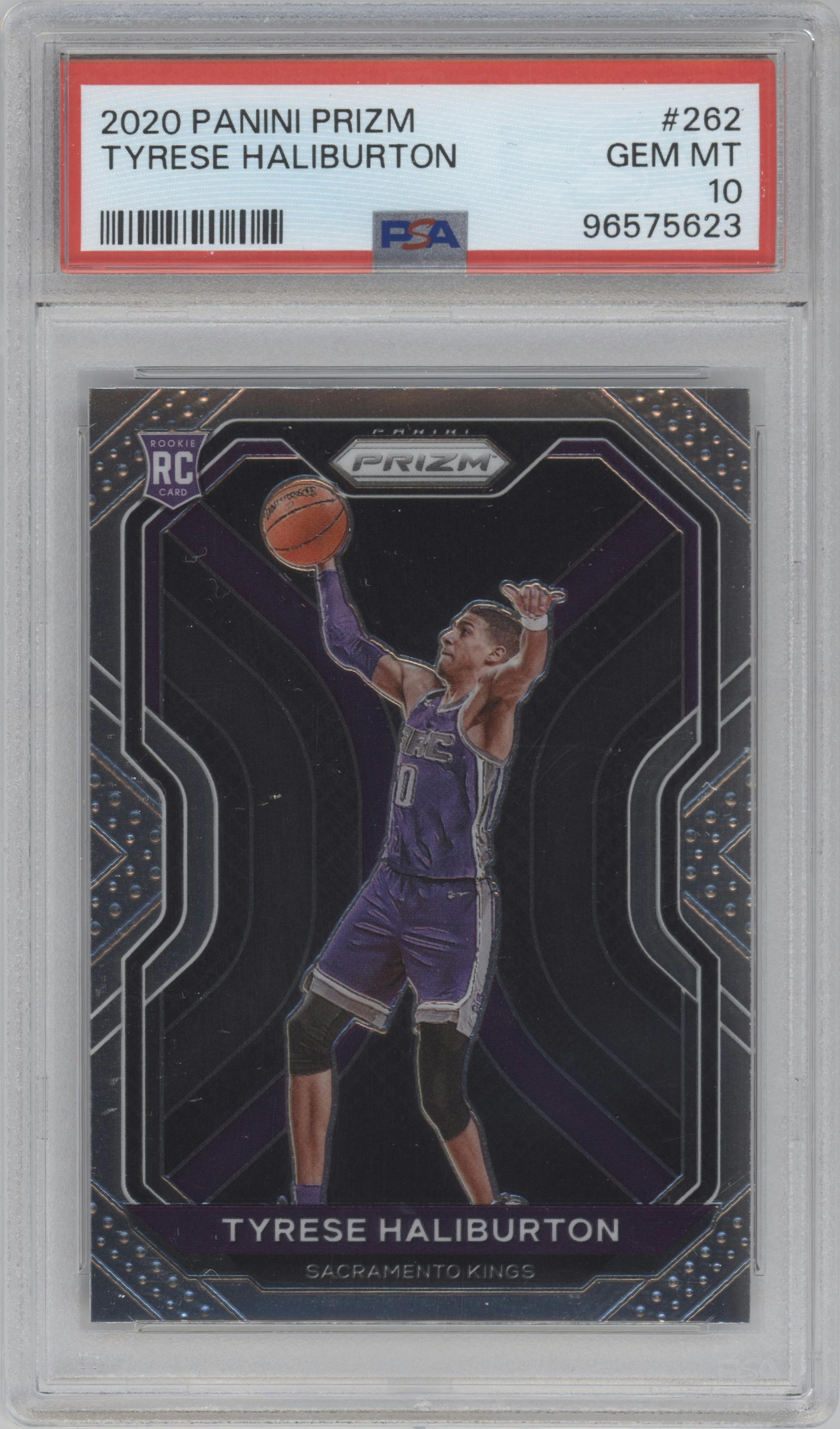 Tyrese Haliburton from the 2020-21 Panini Prizm set graded by PSA and given an overall grade of 10.