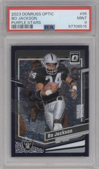 Bo Jackson from the 2023 Donruss Optic set featuring a Purple Stars parallel graded by PSA and given an overall grade of 9.