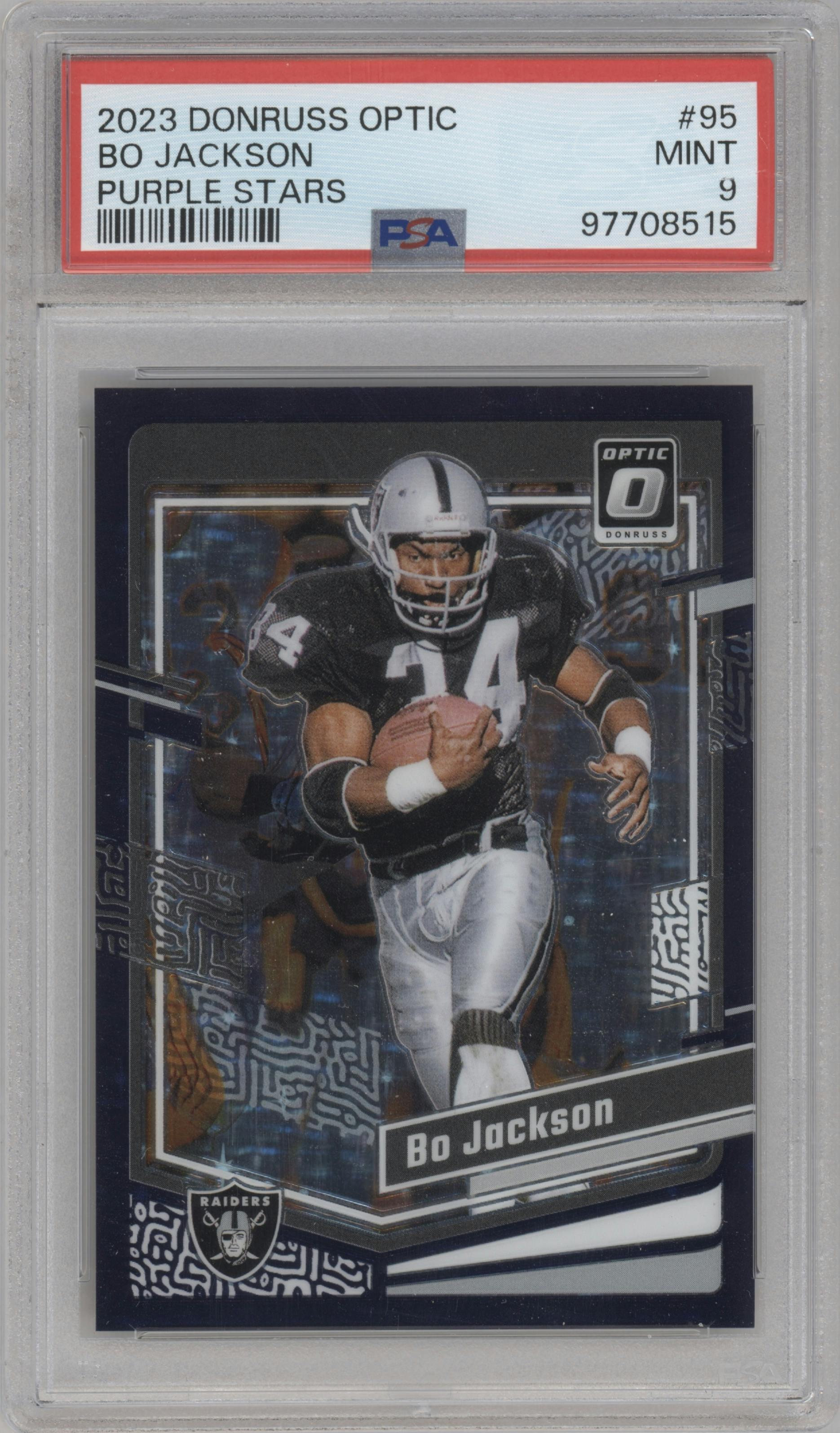 Bo Jackson from the 2023 Donruss Optic set featuring a Purple Stars parallel graded by PSA and given an overall grade of 9.
