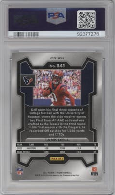 Tank Dell from the 2023 Panini Prizm set featuring a White Sparkle parallel graded by PSA and given an overall grade of 10.