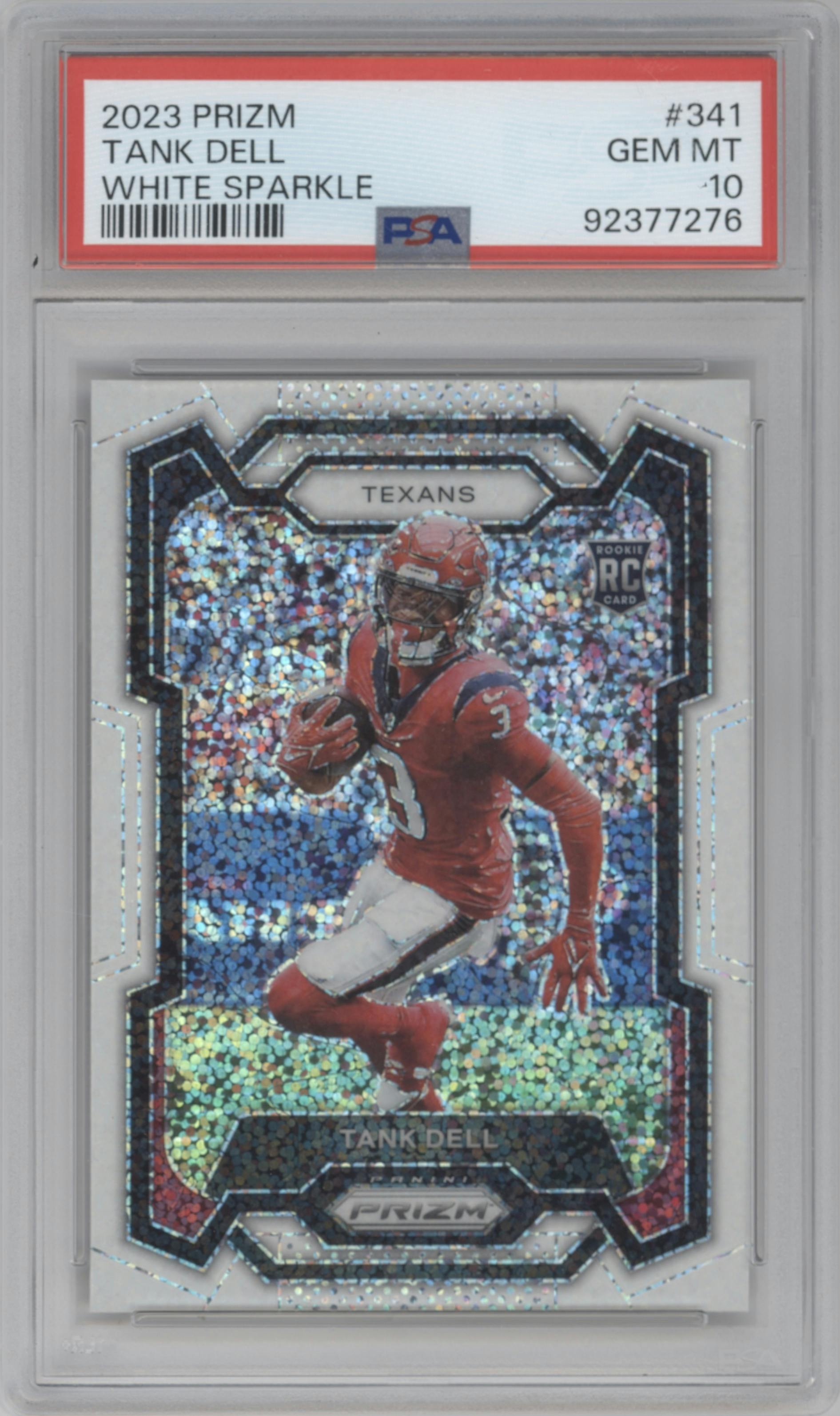 Tank Dell from the 2023 Panini Prizm set featuring a White Sparkle parallel graded by PSA and given an overall grade of 10.
