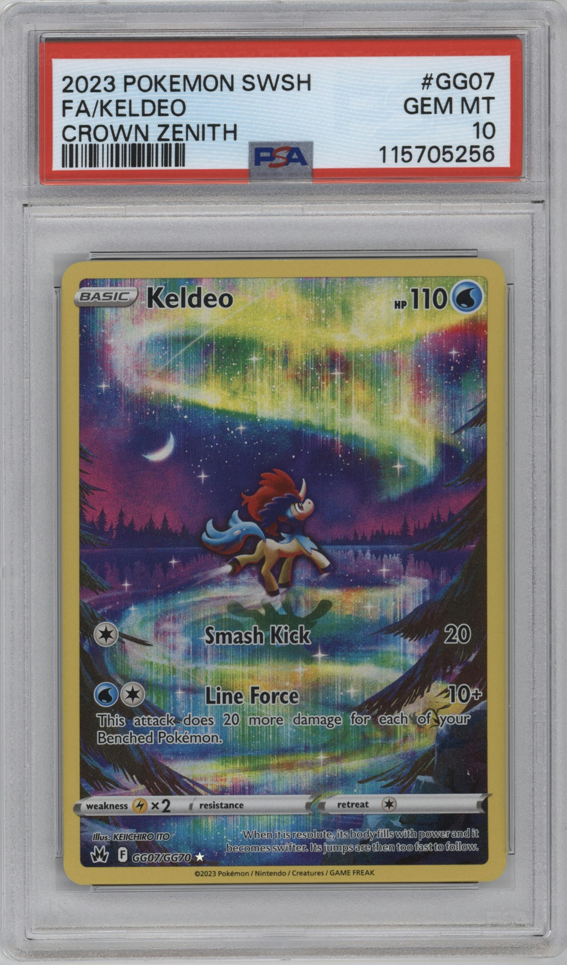 Keldeo from the 2023 Pokemon SWSH set graded by PSA and given an overall grade of 10.