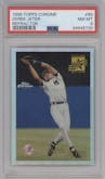 Derek Jeter from the 1996 Topps Chrome set featuring a Refractor parallel graded by PSA and given an overall grade of 8.