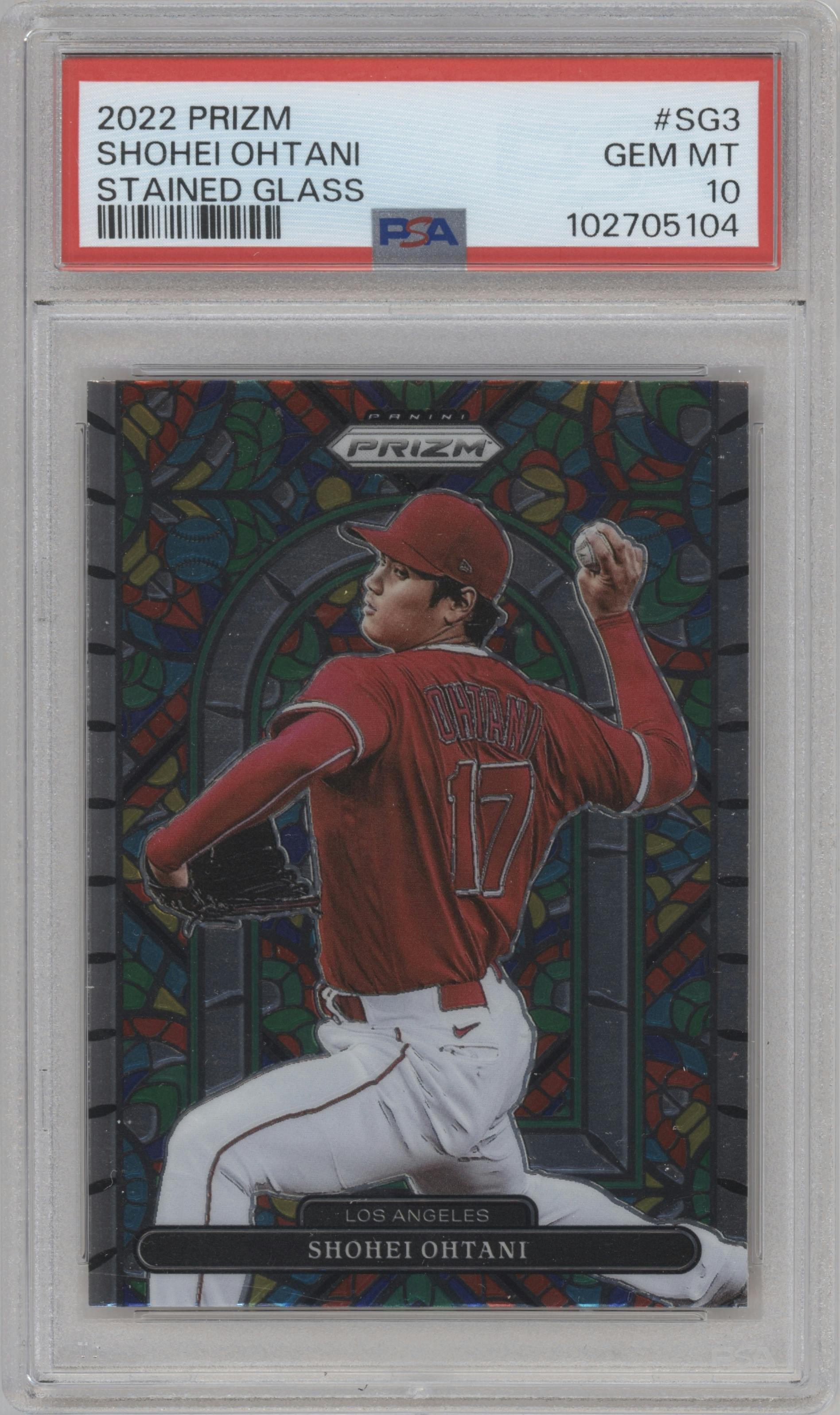 Shohei Ohtani from the 2022 Panini Prizm set graded by PSA and given an overall grade of 10.
