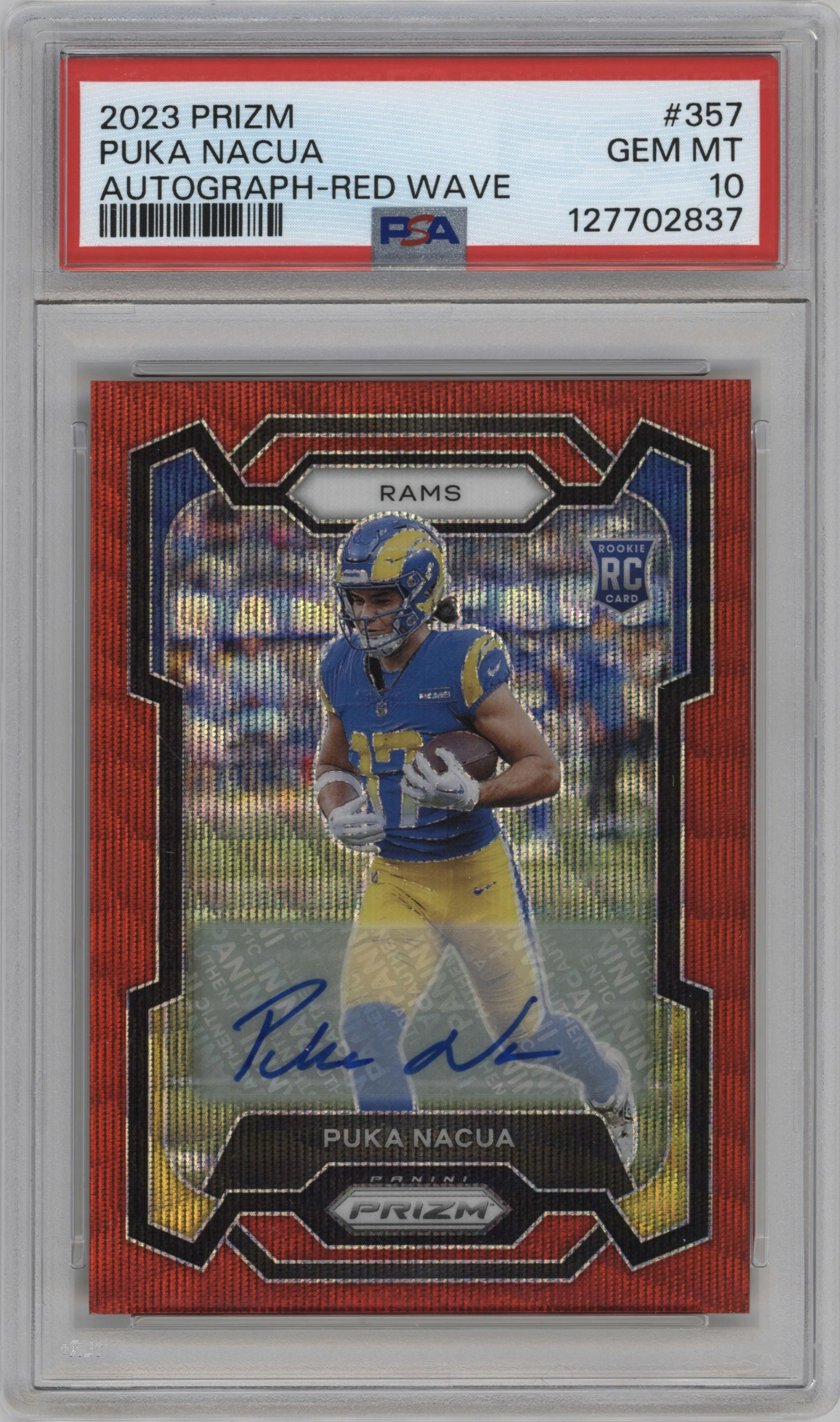 Puka Nacua from the 2023 Panini Prizm set featuring a Red Wave parallel graded by PSA and given an overall grade of 10.
