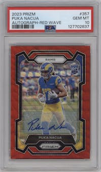 Puka Nacua from the 2023 Panini Prizm set featuring a Red Wave parallel graded by PSA and given an overall grade of 10.