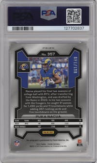 Puka Nacua from the 2023 Panini Prizm set featuring a Red Wave parallel graded by PSA and given an overall grade of 10.