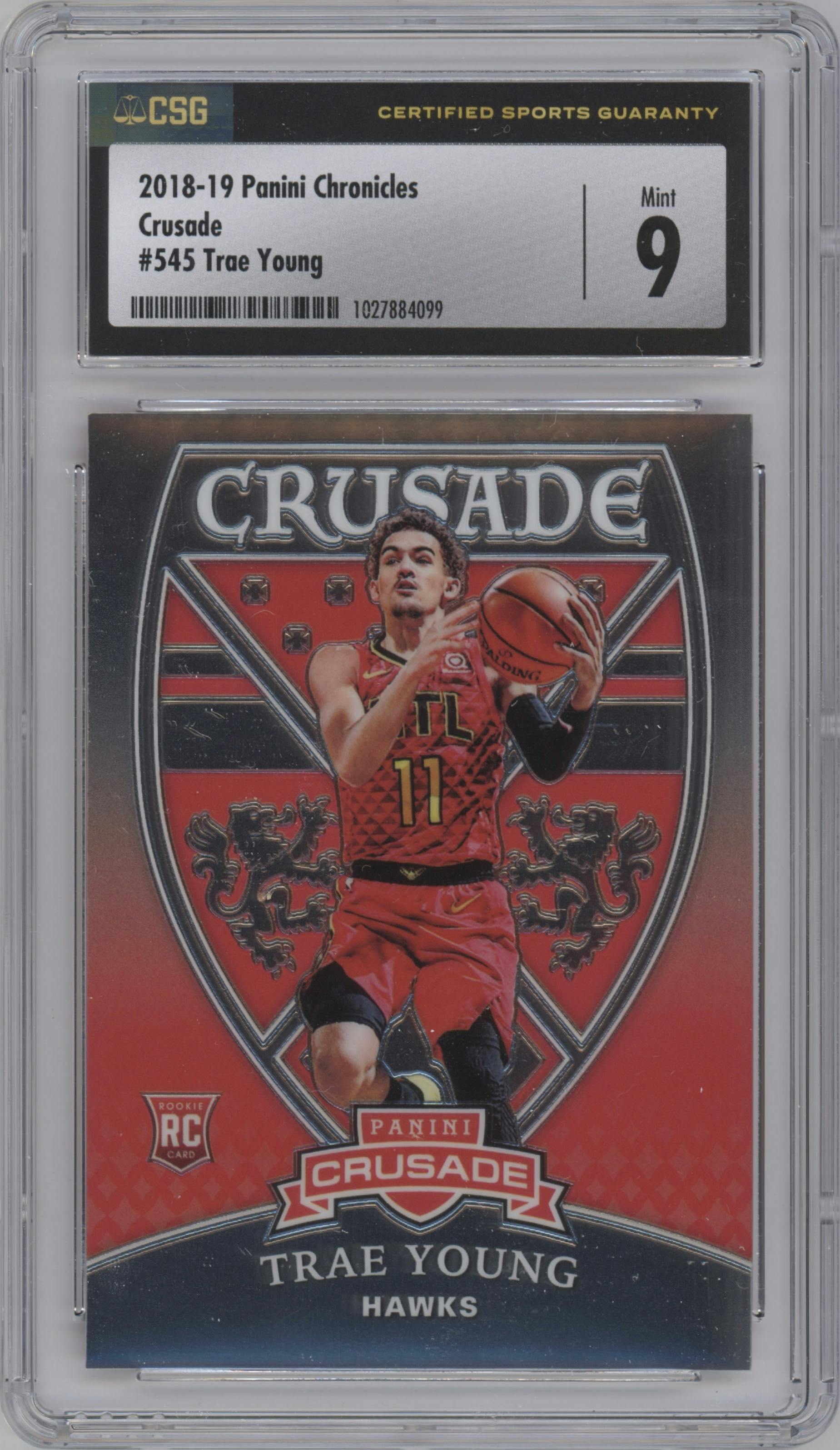 Trae Young from the 2018-19 Panini Chronicles set graded by CSG and given an overall grade of 9.
