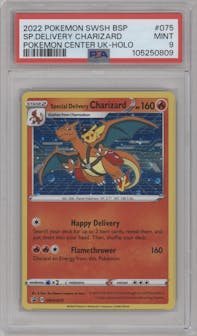 Special Delivery Charizard  from the 2022 Pokemon SWSH set featuring a Pokemon Center UK parallel graded by PSA and given an overall grade of 9.