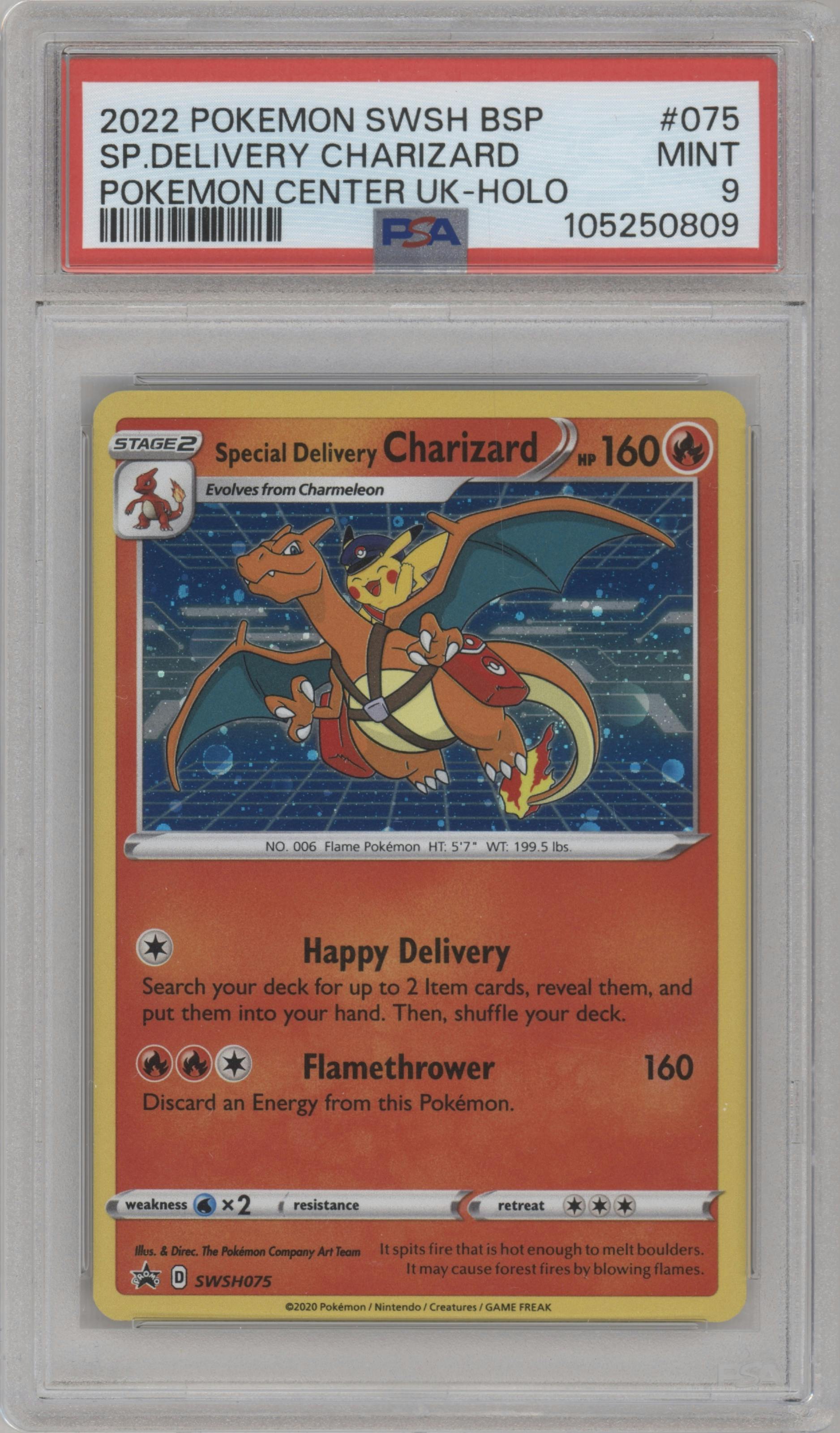 Special Delivery Charizard  from the 2022 Pokemon SWSH set featuring a Pokemon Center UK parallel graded by PSA and given an overall grade of 9.