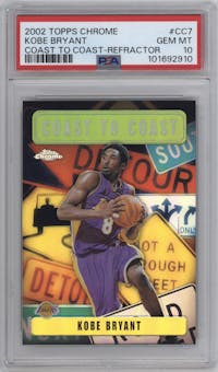 Kobe Bryant from the 2002-03 Topps Chrome set featuring a Refractor parallel graded by PSA and given an overall grade of 10.