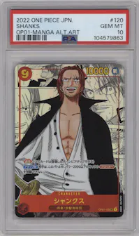 Shanks from the 2022 One Piece JPN set featuring a Manga parallel graded by PSA and given an overall grade of 10.