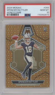 Spencer Rattler from the 2024 Panini Mosaic set featuring a Honeycomb parallel graded by PSA and given an overall grade of 10.