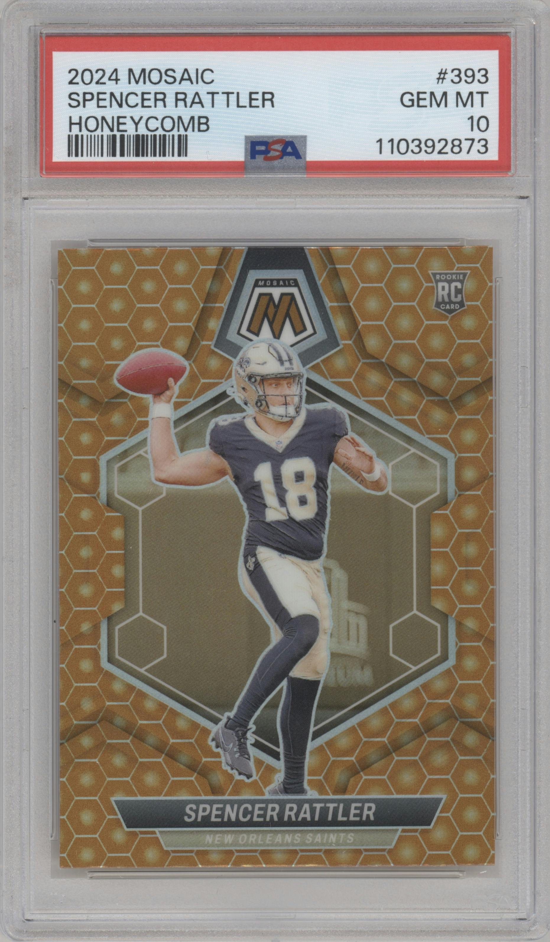 Spencer Rattler from the 2024 Panini Mosaic set featuring a Honeycomb parallel graded by PSA and given an overall grade of 10.