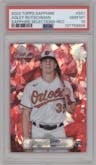 Adley Rutschman from the 2023 Topps Chrome Sapphire set featuring a Red parallel graded by PSA and given an overall grade of 10.