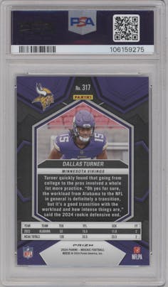 Dallas Turner from the 2024 Panini Mosaic set featuring a Genesis parallel graded by PSA and given an overall grade of 10.