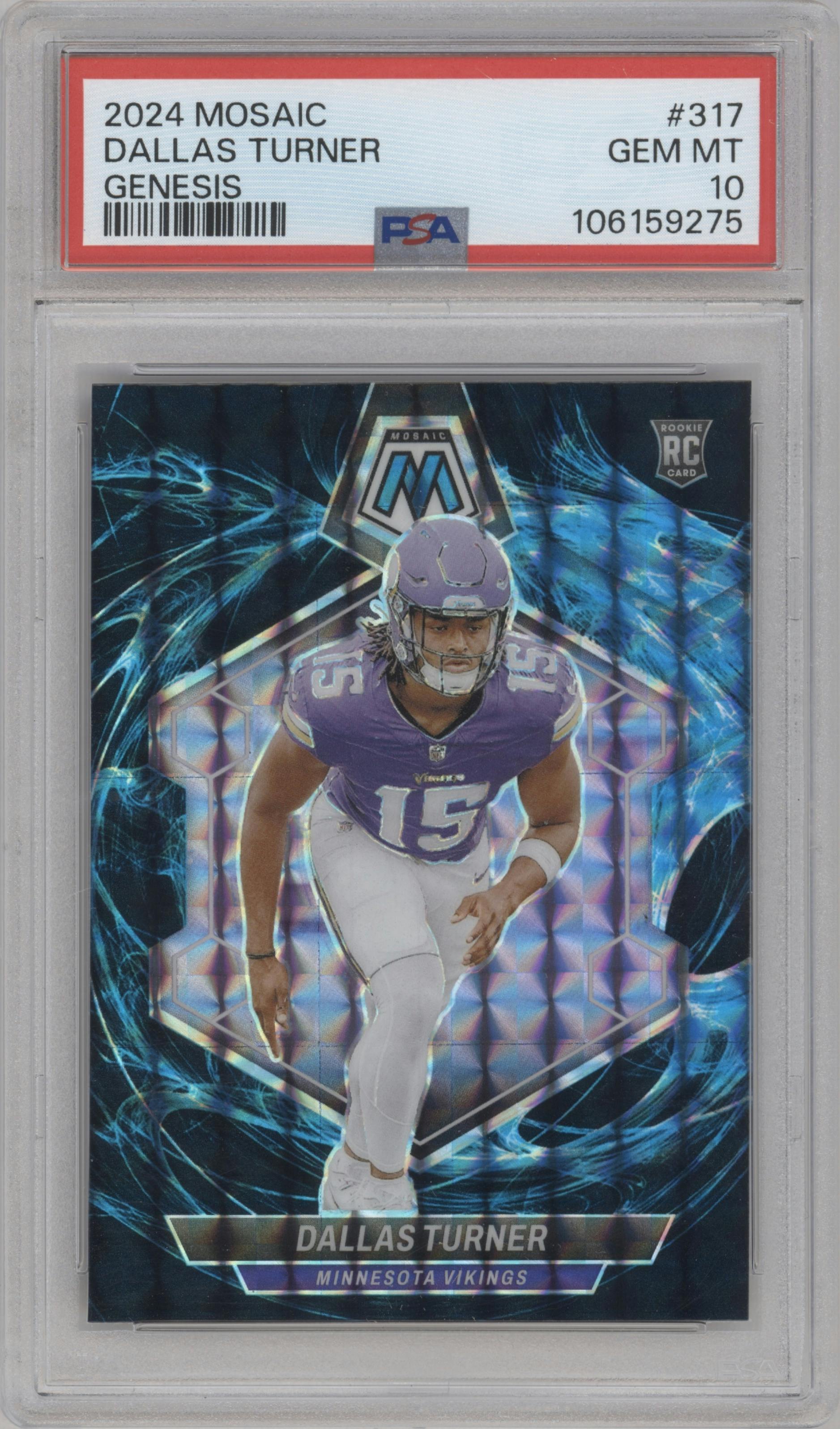 Dallas Turner from the 2024 Panini Mosaic set featuring a Genesis parallel graded by PSA and given an overall grade of 10.