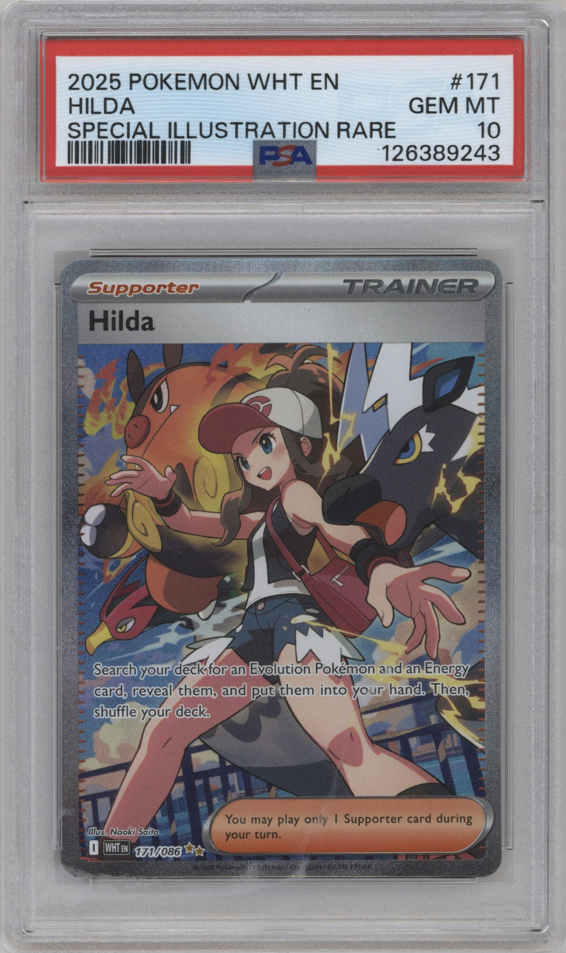 Hilda from the 2025 Pokemon SV set graded by PSA and given an overall grade of 10.