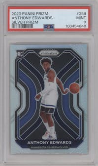 Anthony Edwards from the 2020-21 Panini Prizm set featuring a Silver Prizm parallel graded by PSA and given an overall grade of 9.