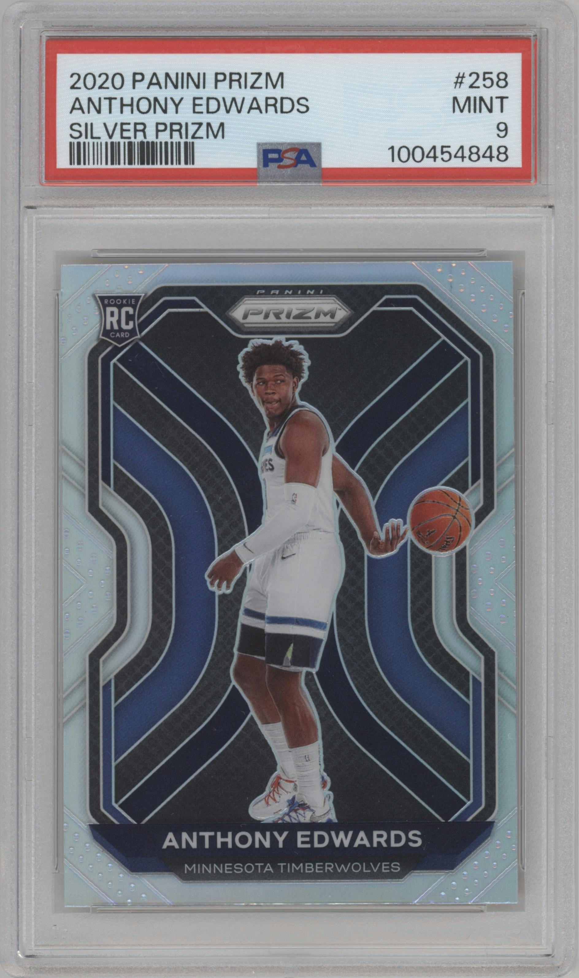 Anthony Edwards from the 2020-21 Panini Prizm set featuring a Silver Prizm parallel graded by PSA and given an overall grade of 9.