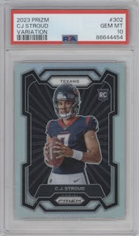 C.J. Stroud from the 2023 Panini Prizm set graded by PSA and given an overall grade of 10.