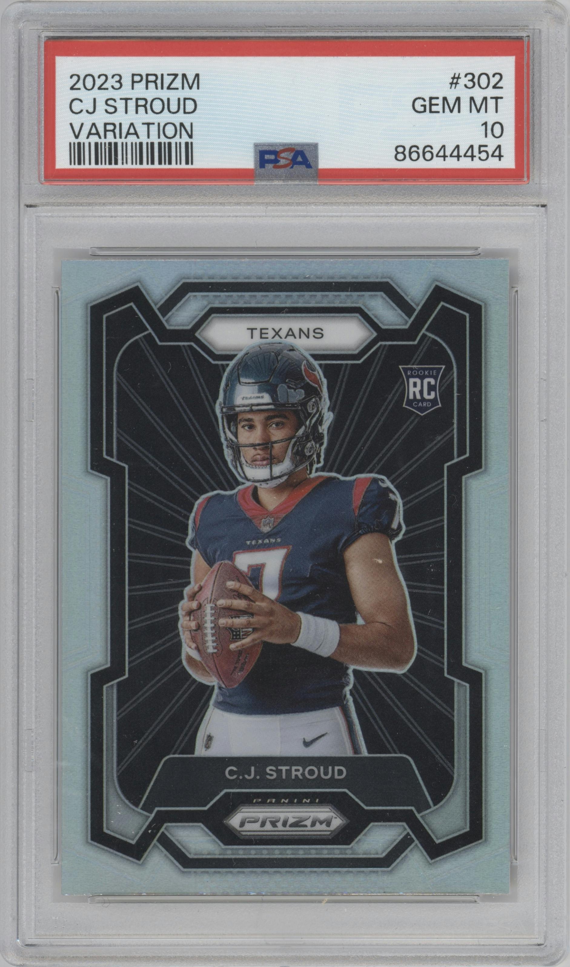 C.J. Stroud from the 2023 Panini Prizm set graded by PSA and given an overall grade of 10.