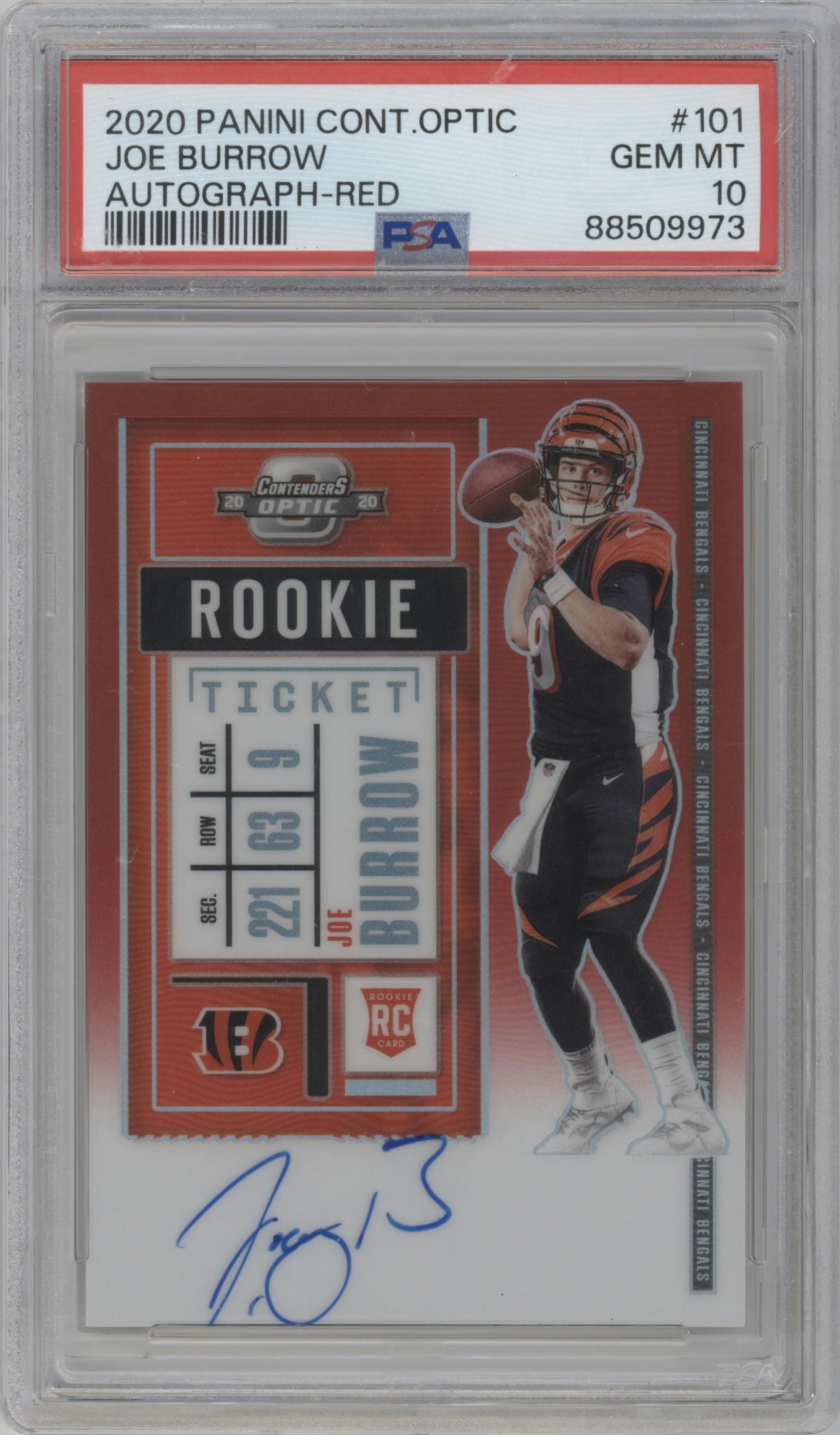 Joe Burrow from the 2020 Panini Contenders Optic set featuring a Red parallel graded by PSA and given an overall grade of 10.