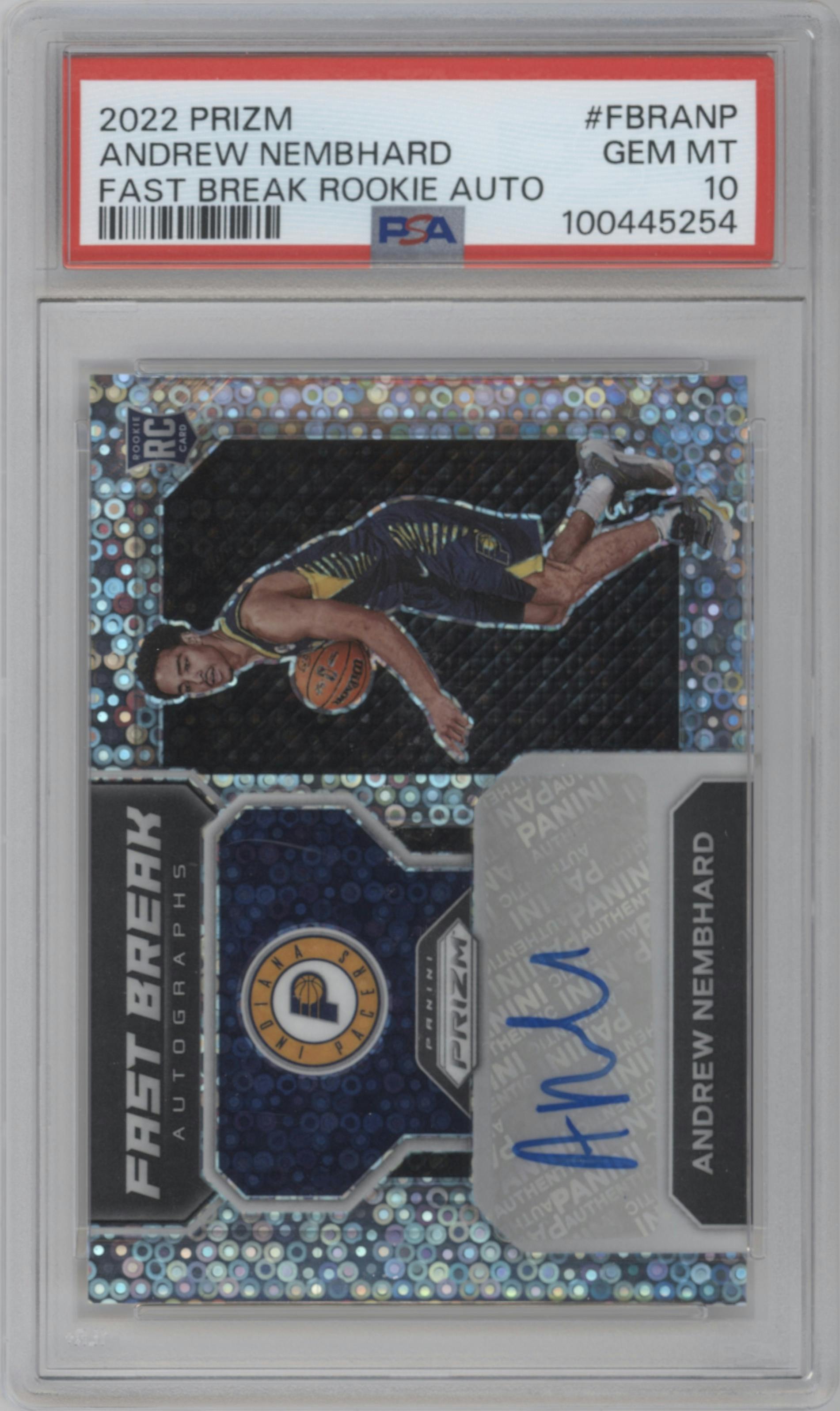 Andrew Nembhard from the 2022-23 Panini Prizm  set graded by PSA and given an overall grade of 10.