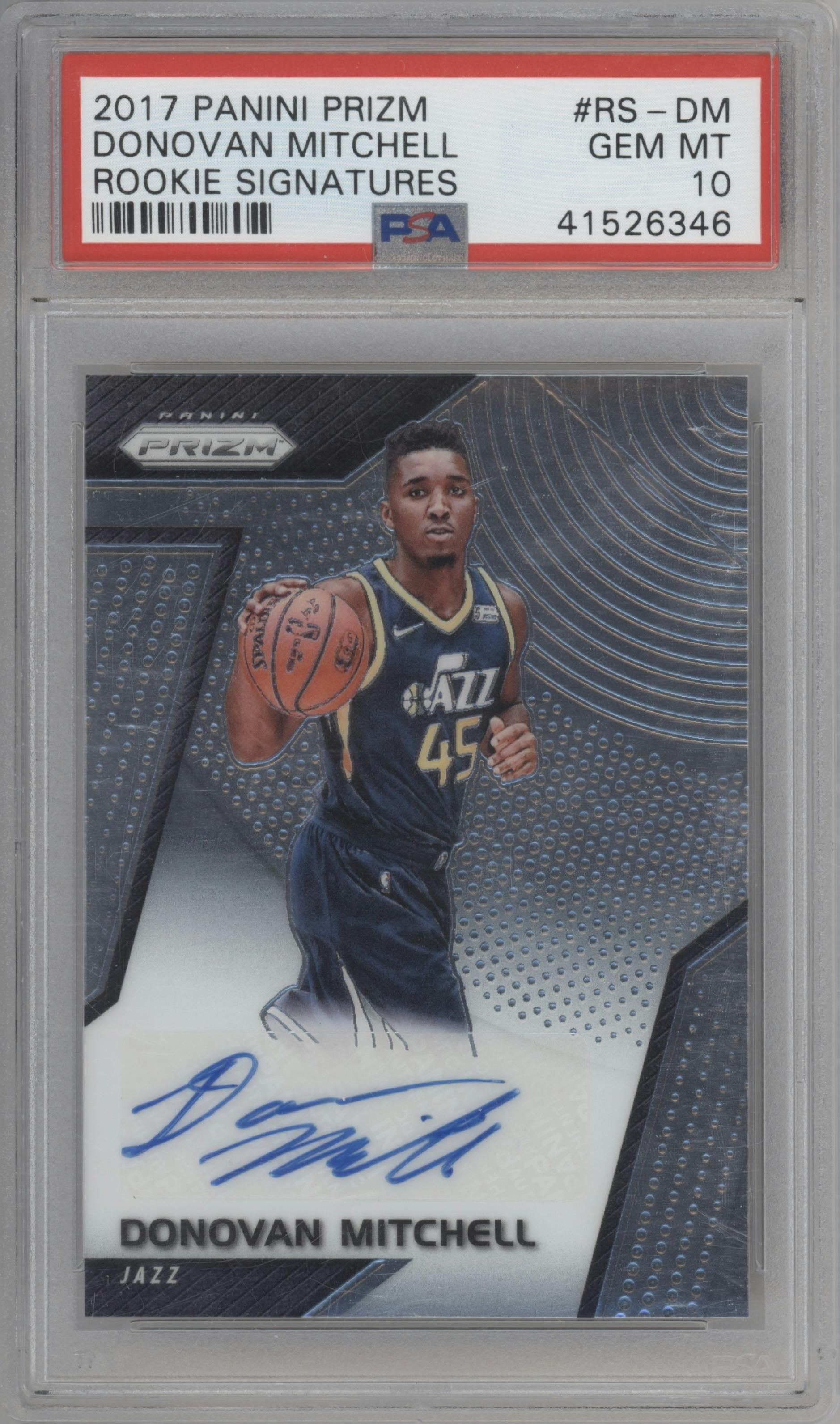 Donovan Mitchell from the 2017-18 Panini Prizm set graded by PSA and given an overall grade of 10.