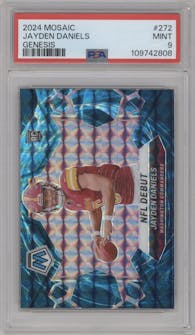 Jayden Daniels from the 2024 Panini Mosaic set featuring a Genesis parallel graded by PSA and given an overall grade of 9.