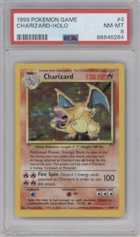 Charizard from the 1999 Pokemon set graded by PSA and given an overall grade of 8.