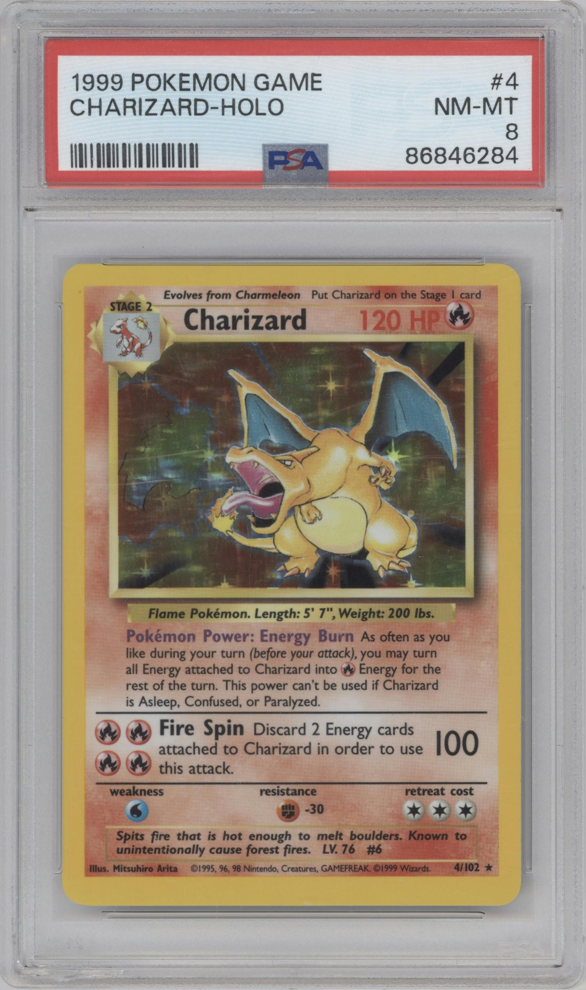 Charizard from the 1999 Pokemon set graded by PSA and given an overall grade of 8.