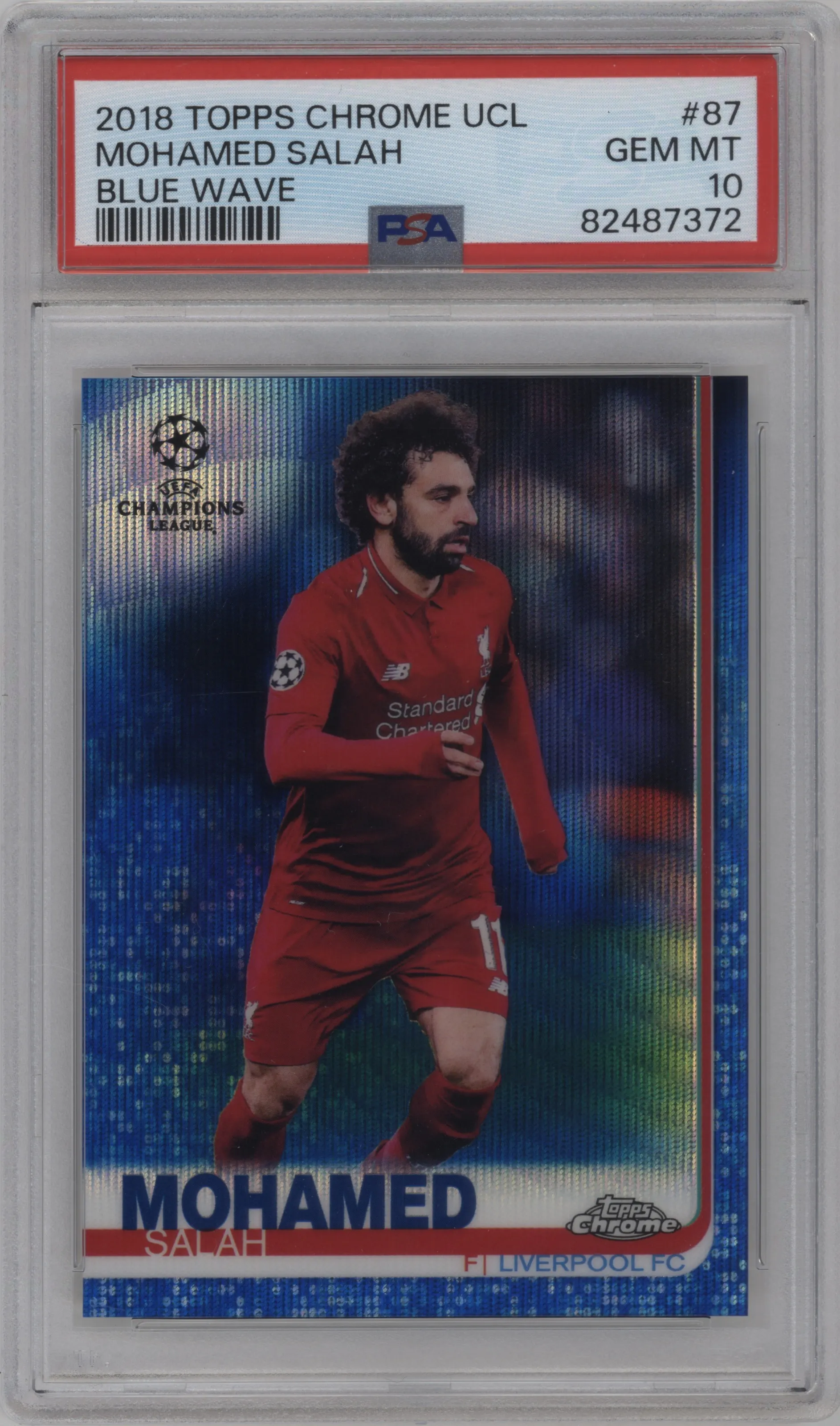 2018 Topps Chrome UEFA Champions League Mohamed Salah Blue Wave Refractor PSA 10