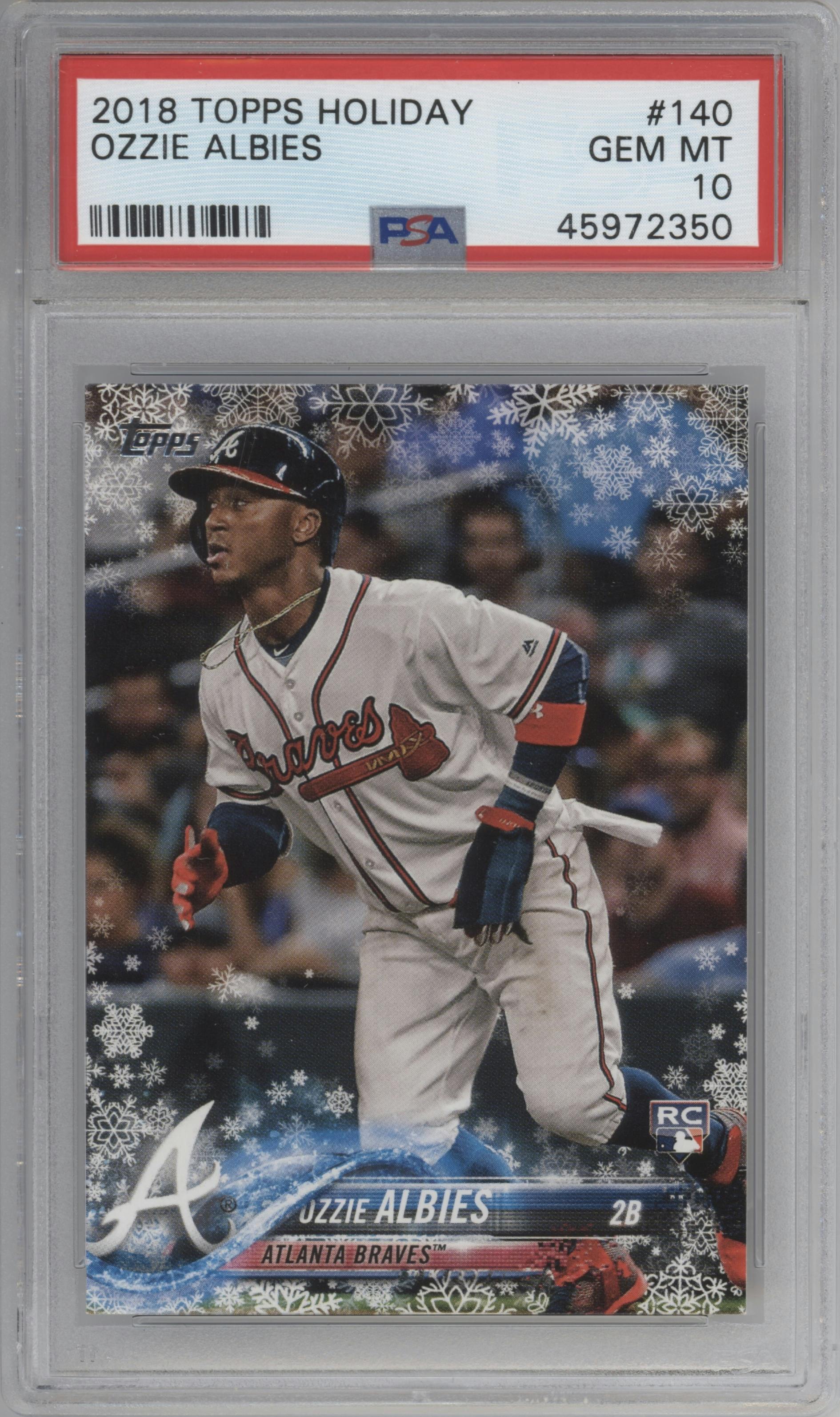 Ozzie Albies from the 2018 Topps Holiday set graded by PSA and given an overall grade of 10.