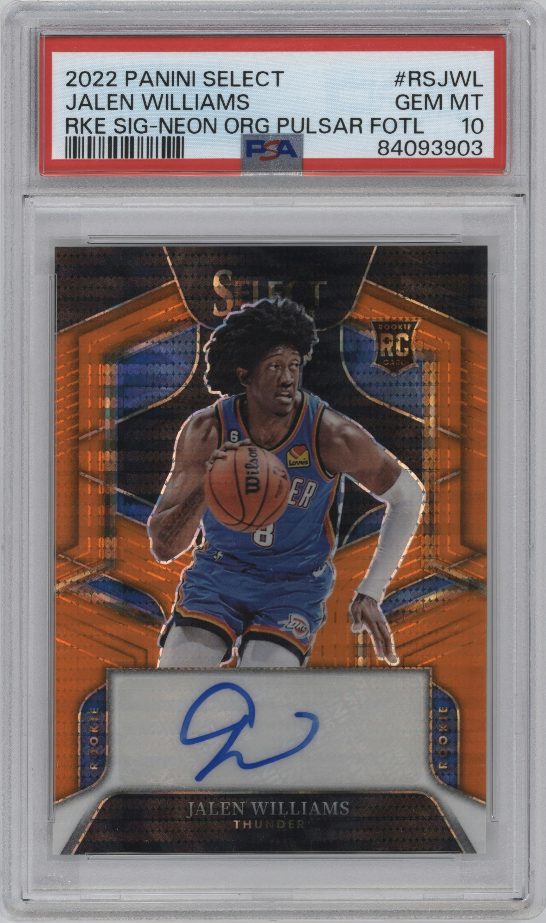 Jalen Williams from the 2022-23 Panini Select set featuring a Neon Orange Pulsar FOTL parallel graded by PSA and given an overall grade of 10.