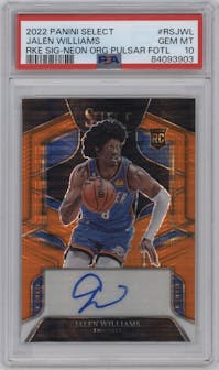 Jalen Williams from the 2022-23 Panini Select set featuring a Neon Orange Pulsar FOTL parallel graded by PSA and given an overall grade of 10.