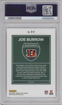 Joe Burrow from the 2023 Donruss Optic set graded by PSA and given an overall grade of 10.