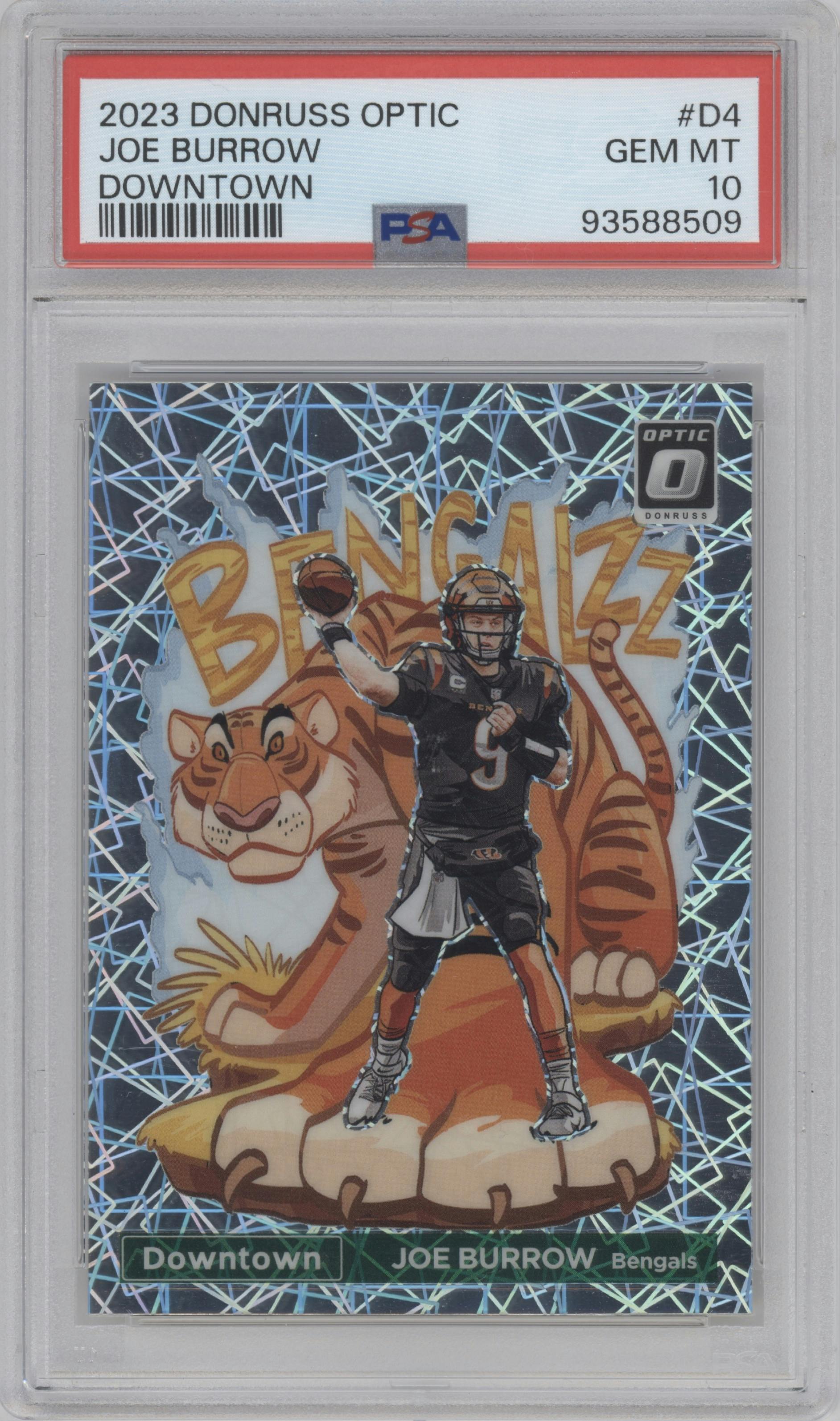 Joe Burrow from the 2023 Donruss Optic set graded by PSA and given an overall grade of 10.