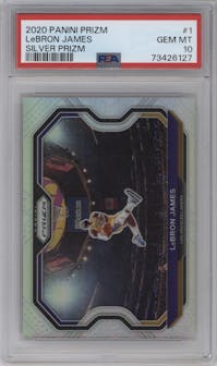 LeBron James from the 2020-21 Panini Prizm set featuring a Silver Prizm parallel graded by PSA and given an overall grade of 10.