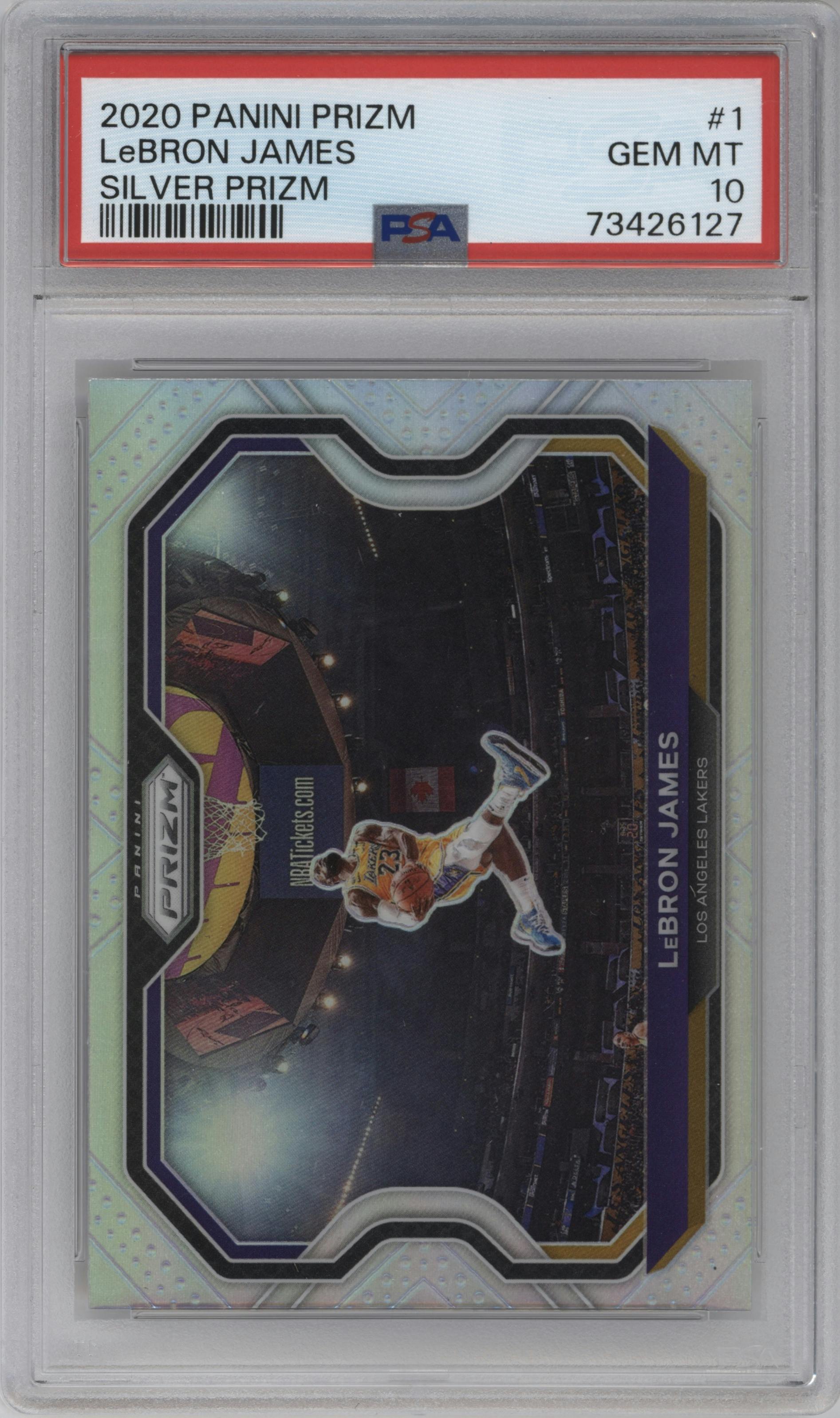 LeBron James from the 2020-21 Panini Prizm set featuring a Silver Prizm parallel graded by PSA and given an overall grade of 10.