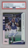 Lamar Jackson from the 2018 Panini Rookies & Stars set featuring a Gold parallel graded by PSA and given an overall grade of 9.